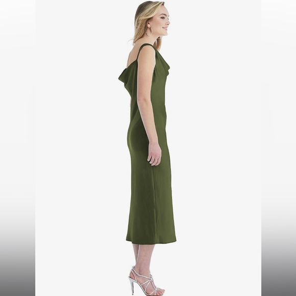 ASYMMETRICAL ONE-SHOULDER COWL MIDI SLIP DRESS IN OLIVE GREEN - Picture 3 of 9